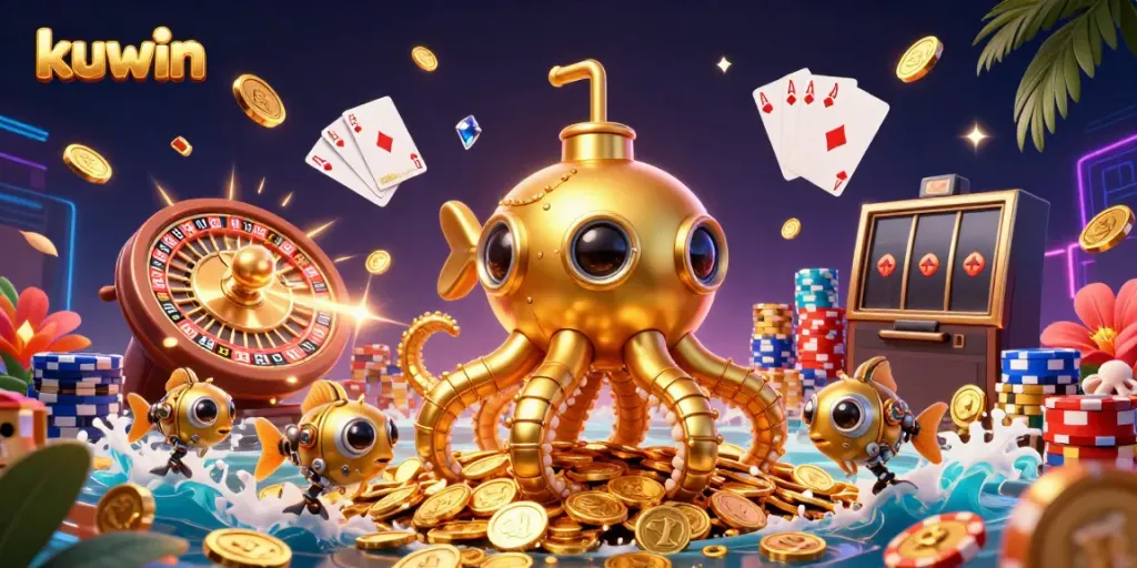 Experience the thrill of kuwin with vibrant casino elements and dynamic gold animations.