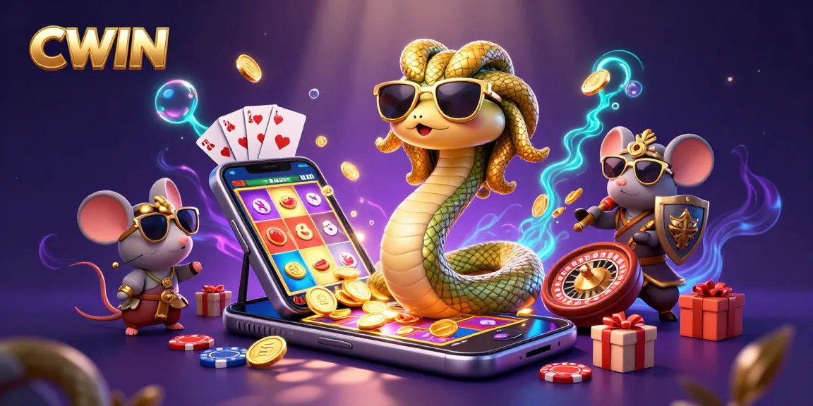 CWIN offers a vibrant 3D illustration showcasing Medusa and a warrior mouse immersed in slot games and casino excitement.
