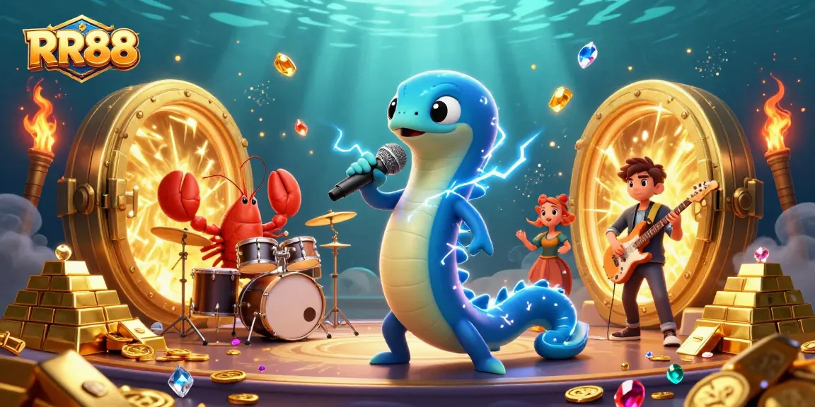Experience the thrill of RR88 with the cartoon DJ eel and band in an underwater casino atmosphere.