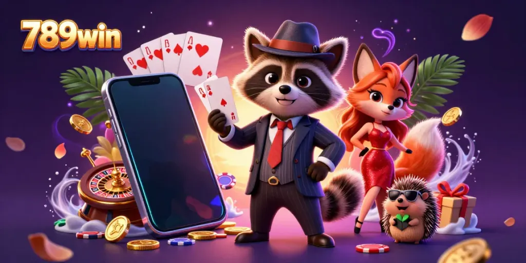 Experience the vibrant scene of 789win with a raccoon, fox, and hedgehog enjoying a casino atmosphere filled with colorful games and excitement.