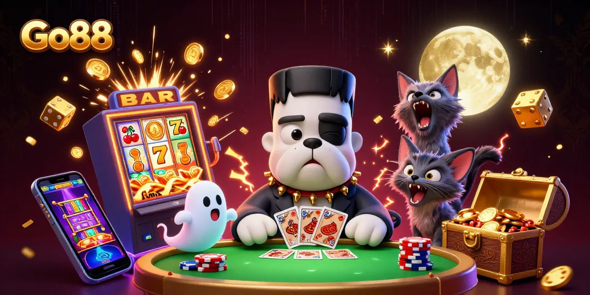 Go88's playful characters engage in a vibrant casino scene filled with exciting games and jackpots.