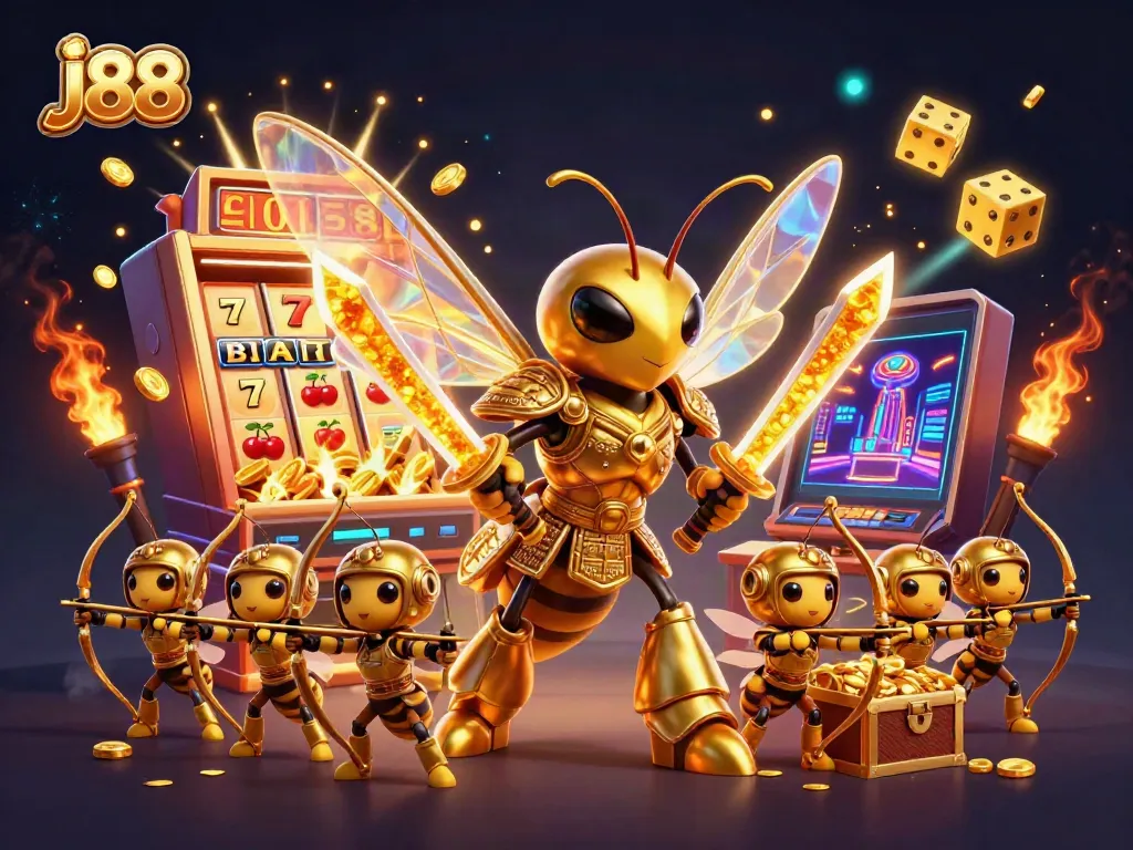 Experience thrilling gameplay with j88 as golden hornets wield honey katanas amidst a jackpot explosion.