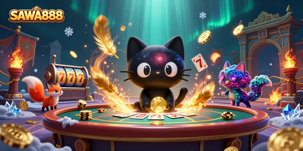 SAWA888's cosmic casino features a black hole cat and nebula fox amidst swirling golden chips and slot machines.