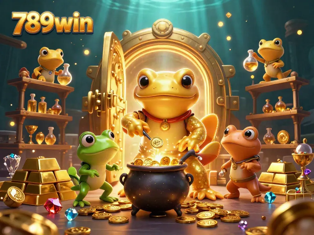 Experience the excitement of 789win with a vibrant 3D illustration showcasing the alchemist and enchanted gold creations in a casino-themed setting.