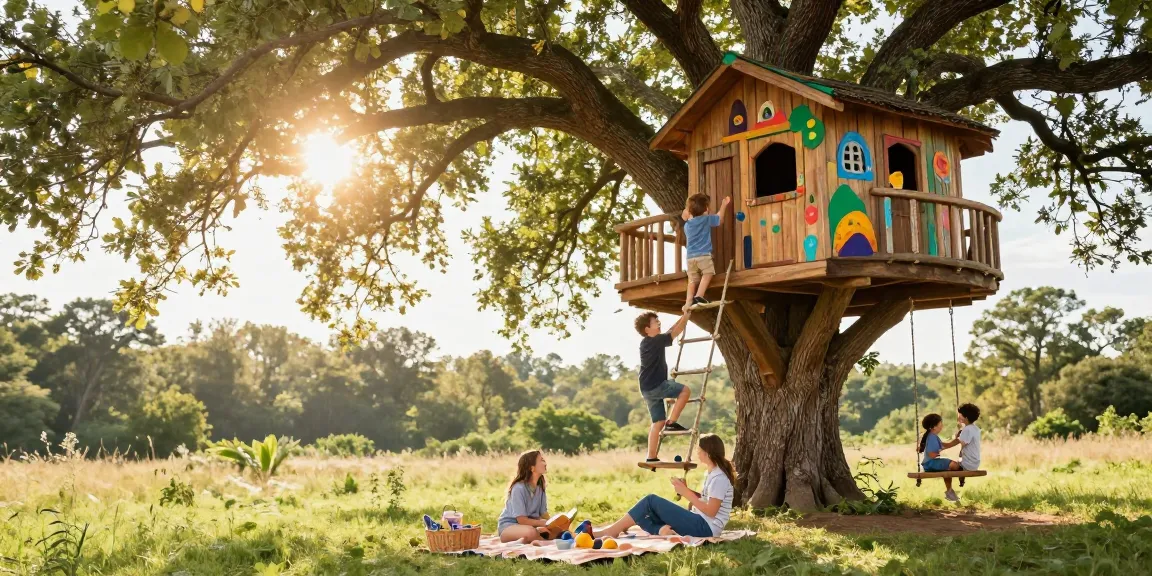 Children climbing a treehouse in a sunny garden filled with greenery.