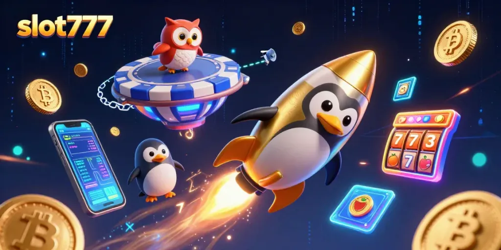 Slot777 menawarkan slot dengan penguin emas dan koin berkilau di luar angkasa.
