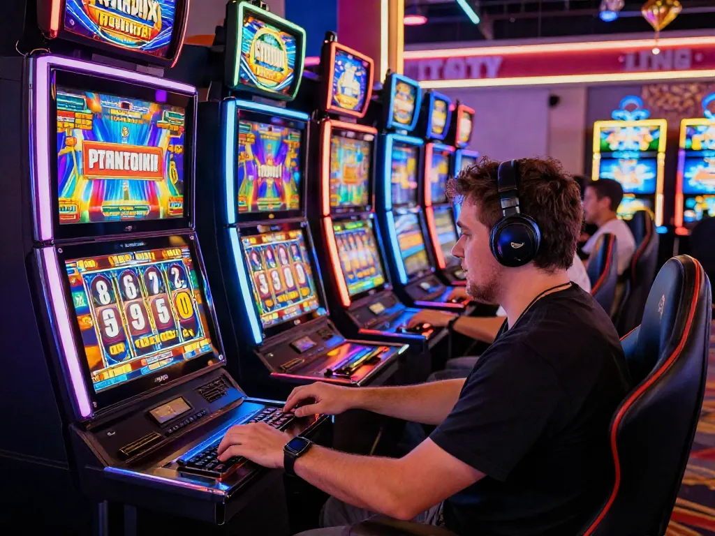 Engaged player enjoying a slot game in a vibrant online casino setting with neon lights.
