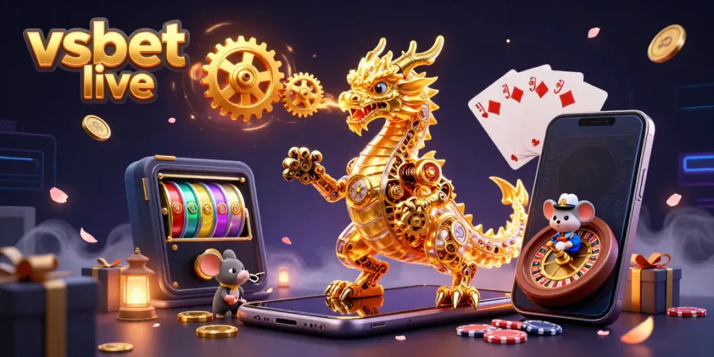 Experience thrilling vsbet live action with a golden dragon amidst dazzling casino elements.