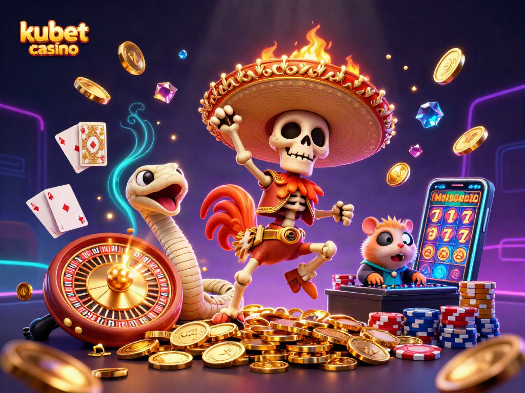 Experience the thrill of kubet casino with a vibrant, dynamic 3D scene featuring characters and game elements.