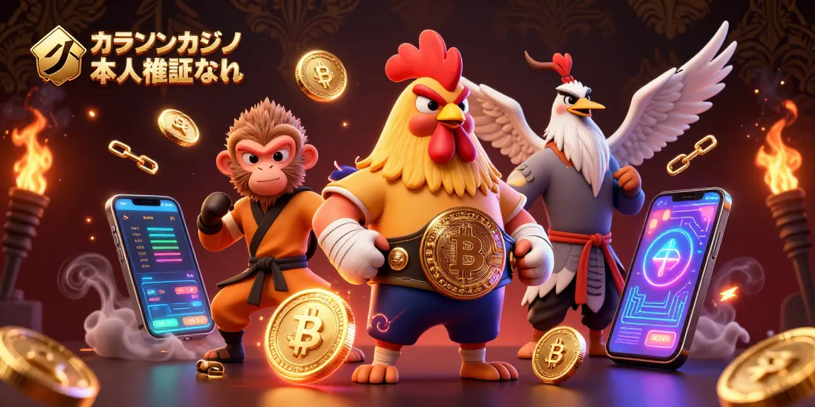 オンラインカジノ 本人確認なしのキャラクターたちが、ビットコインやイーサリアムのコインに囲まれたシーンを描写。