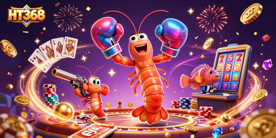 HT368 offers vibrant casino action with shrimp characters amidst cascading coins and a spinning roulette wheel.