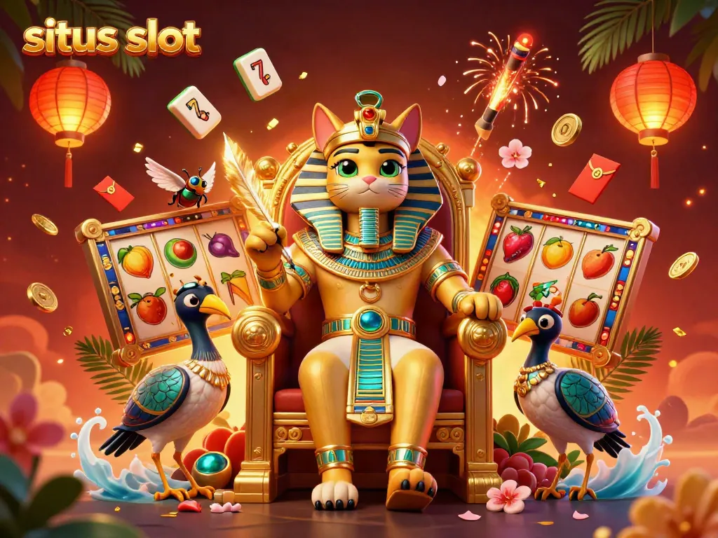 Experience the excitement of situs slot with a vibrant 3D illustration featuring a pharaoh cat and slot reels.