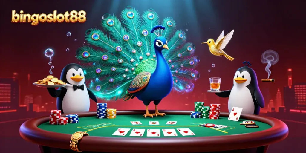 Rasakan keseruan bingoslot88 dengan ilustrasi kasino penuh warna yang menampilkan burung merak dan penguin pelayan.
