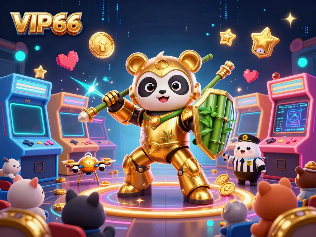 Celebrate winnings at VIP66 casino with a vibrant 3D scene featuring a golden panda in a mech-suit.