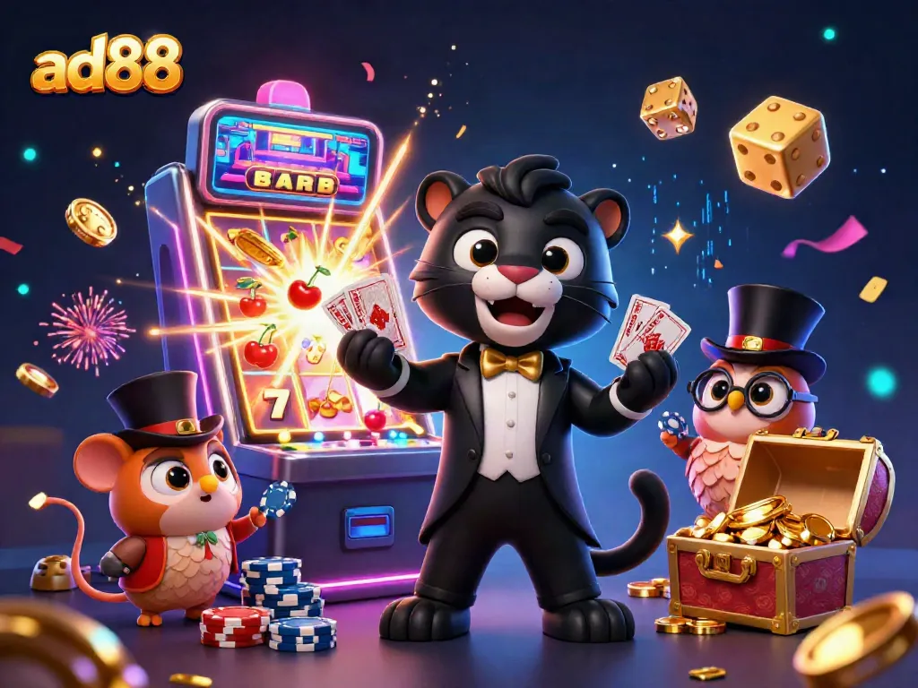 Experience thrilling action with ad88's stylish characters amid exploding jackpots and casino excitement.
