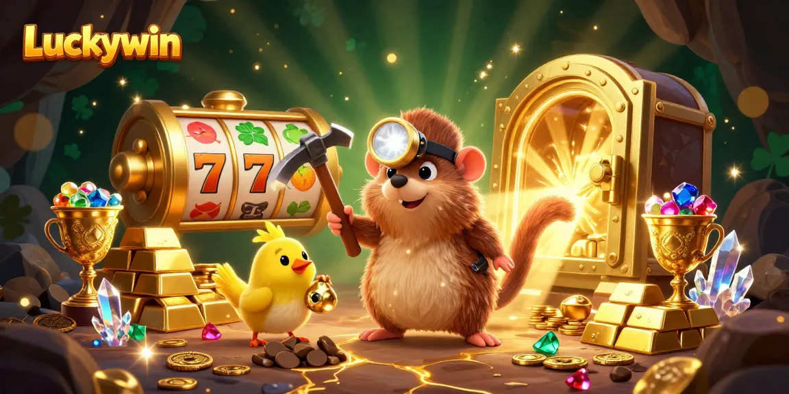 Join the treasure hunter mole in a Luckywin-themed casino, celebrating big wins with gold and jewels.