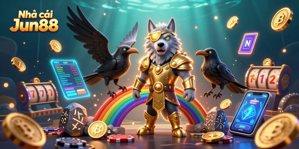 Experience the thrill at Nhà cái Jun88 with vibrant slot games and glowing crypto elements.