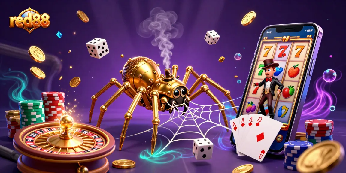 Engage with red88 as the golden spider spins its web, showcasing dynamic slot game elements.