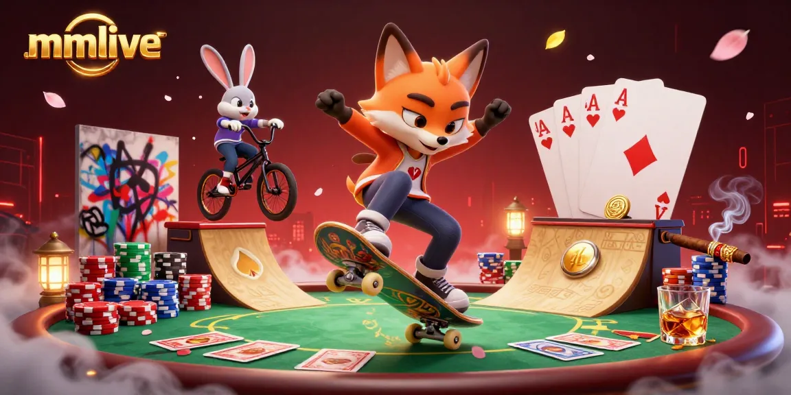 Engage in mmlive with a vibrant 3D scene of a skateboarder fox and BMX rabbit at a lively casino.