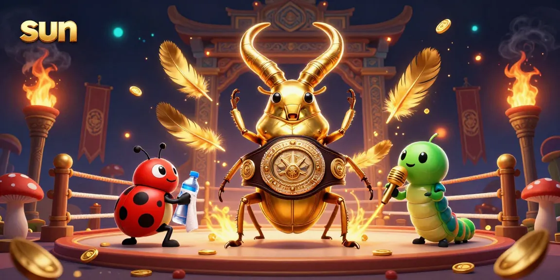 A thrilling sun gambling scene with a giant beetle boxing champion and casino elements.