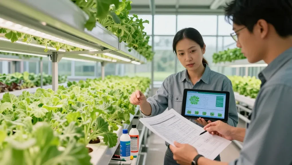 The CIKA4D login process showcased in a modern indoor agriculture facility, highlighting professionals analyzing sustainable farming technologies.