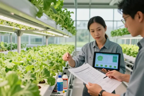 The CIKA4D login process showcased in a modern indoor agriculture facility, highlighting professionals analyzing sustainable farming technologies.