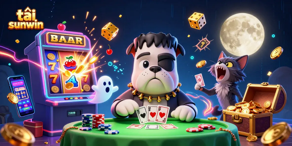 Engage with tải sunwin in a vibrant 3D casino scene showcasing a bulldog dealer and exciting game elements.