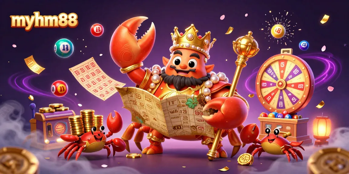 Experience thrilling gameplay at myhm88 with a vibrant illustration of gaming elements and a playful crab emperor.