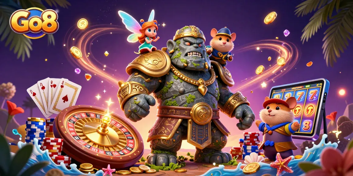 Experience a magical Go8 casino adventure with the stone golem and fairy amid sparkling gems.