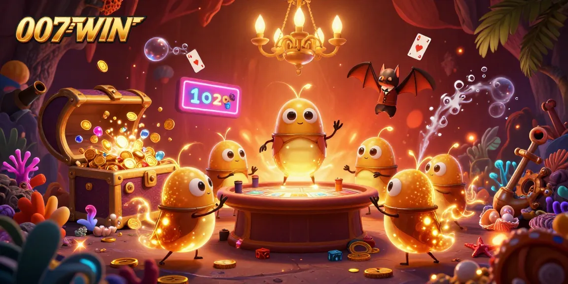 Experience the vibrant casino atmosphere of 007WIN with glowing flashlights and treasures in this animated illustration.