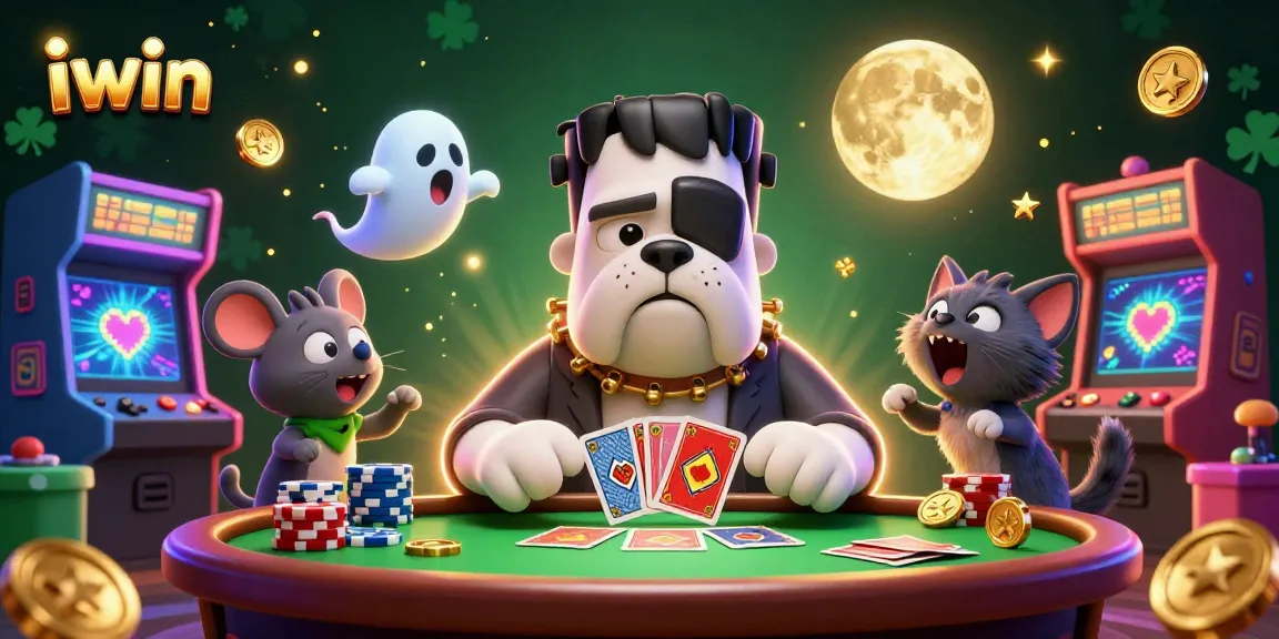 iwin engages players in a lively casino scene with Frankenstein bulldog dealing cards and vibrant game elements.