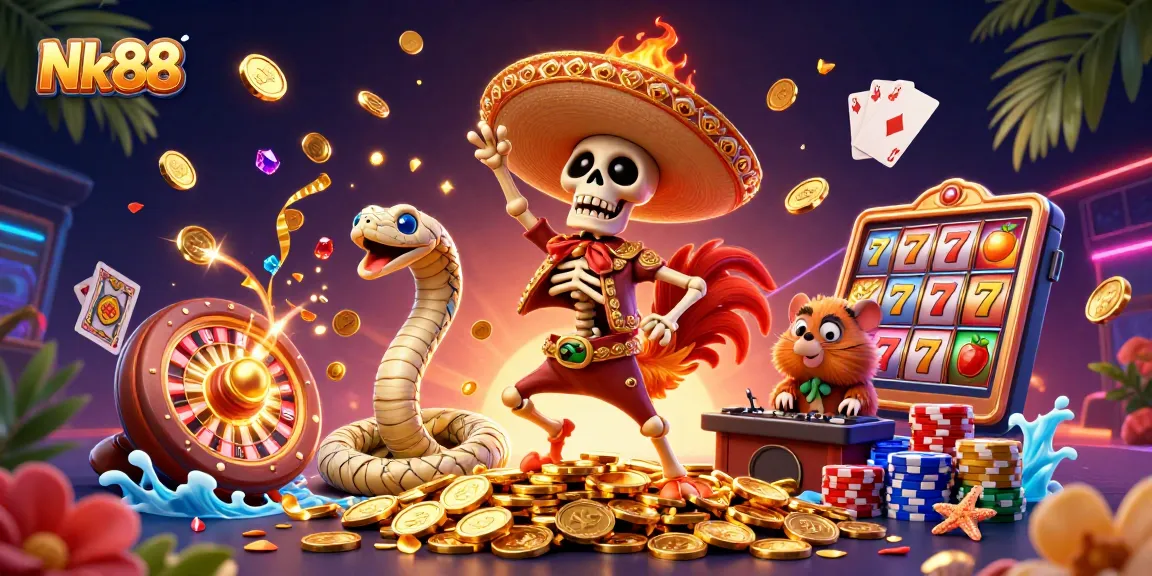 Experience Nk88’s thrilling slots with vibrant characters dancing amidst golden coins and roulette excitement.