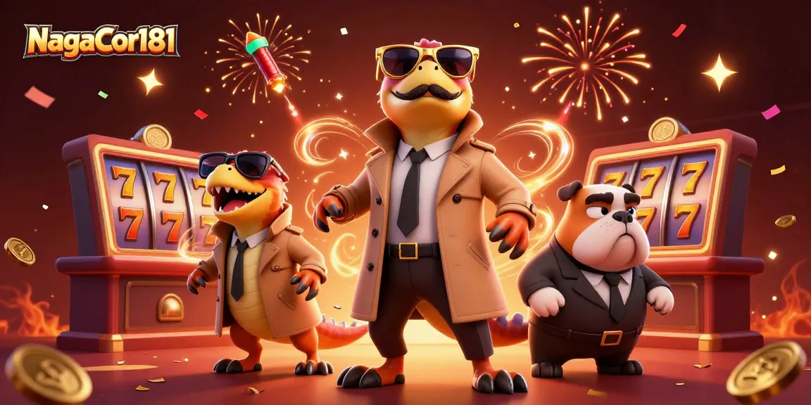 NagaCor181 showcases a humorous scene with three raptors in disguise attempting to enter a VIP casino lounge, surrounded by festive gambling elements.