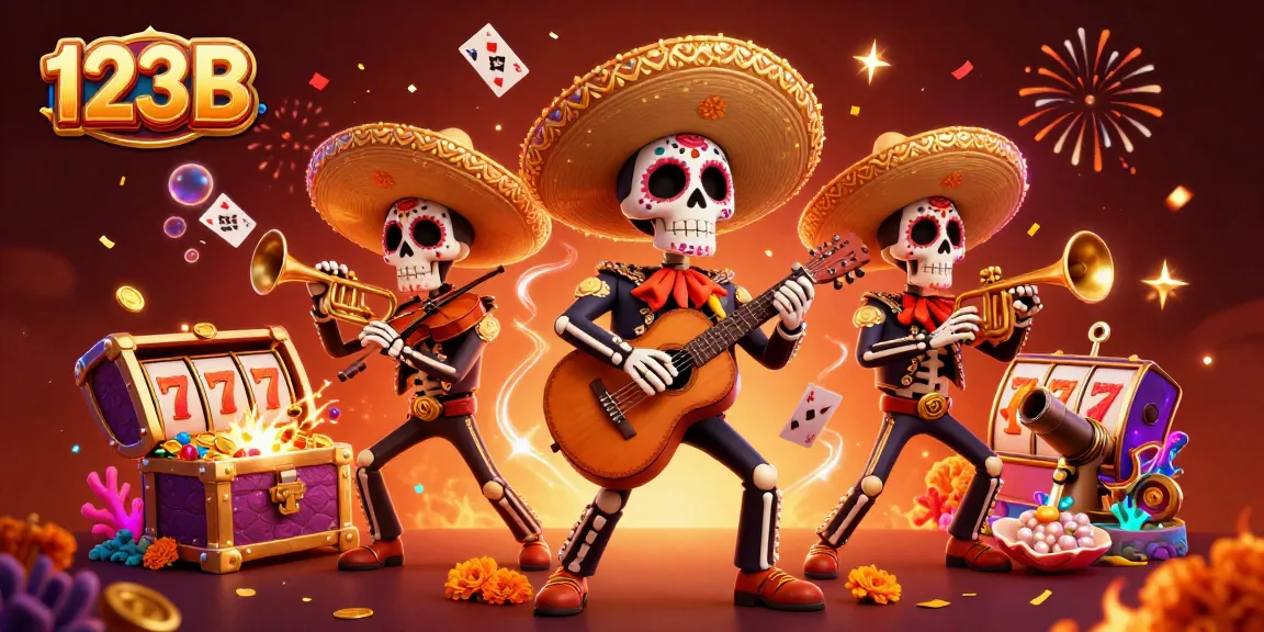 Experience the excitement of 123B with a dynamic cartoon mariachi band among vibrant casino elements.