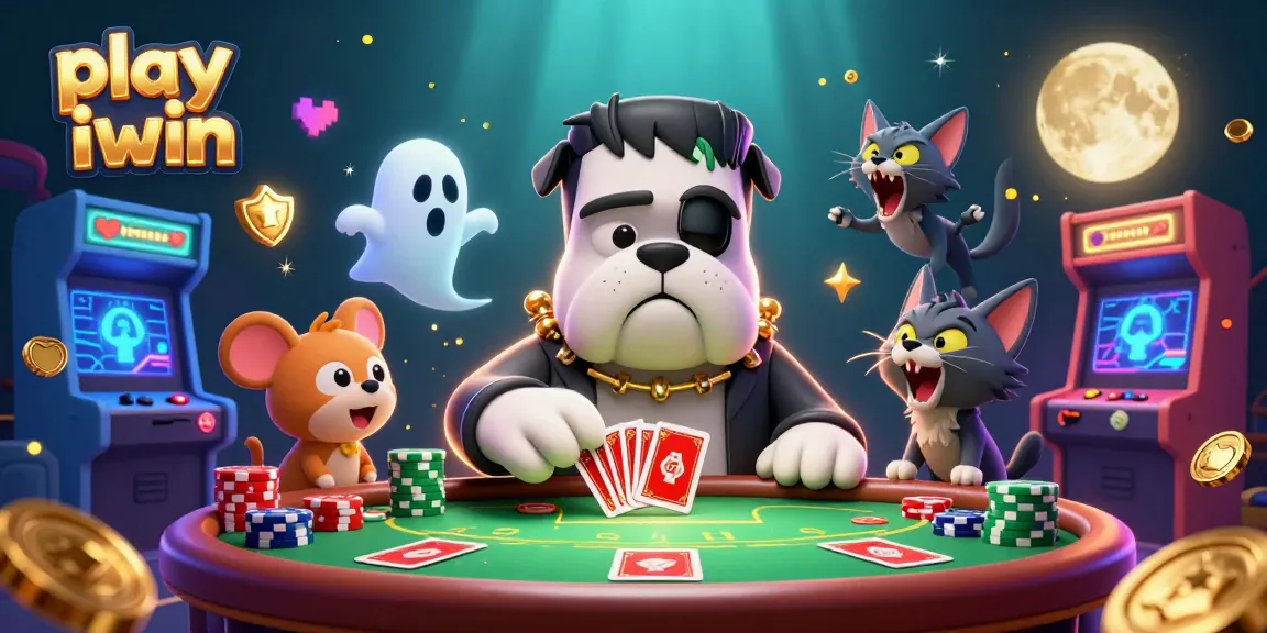 Play iwin and win big while enjoying a vibrant casino scene with a Frankenstein bulldog and characters.