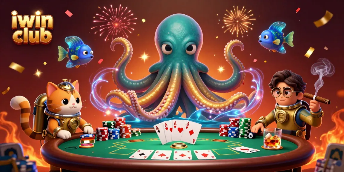 Experience thrilling gameplay at iwin club with a kraken and a diving cat in this vibrant illustration.
