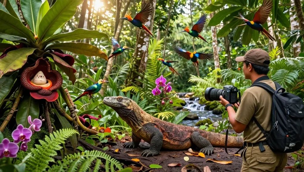 A wildlife researcher examining the diverse flora and fauna of Indonesia's rainforest, highlighting the rokok88 biodiversity portal.