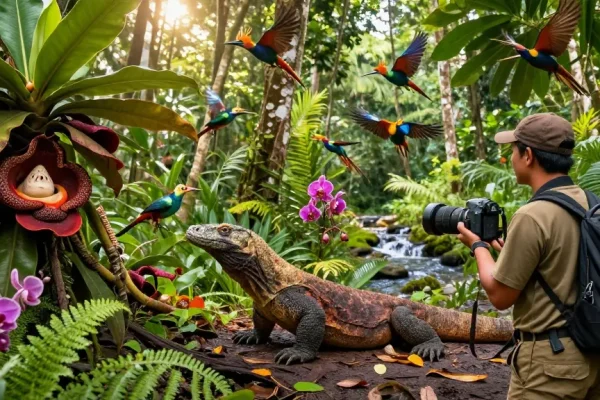 A wildlife researcher examining the diverse flora and fauna of Indonesia's rainforest, highlighting the rokok88 biodiversity portal.