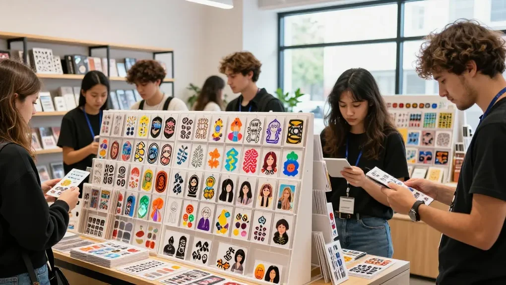 Customers exploring vibrant custom stickers in a lively retail environment, showcasing personalised designs and creative choices.