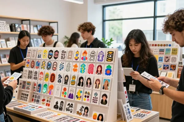 Customers exploring vibrant custom stickers in a lively retail environment, showcasing personalised designs and creative choices.
