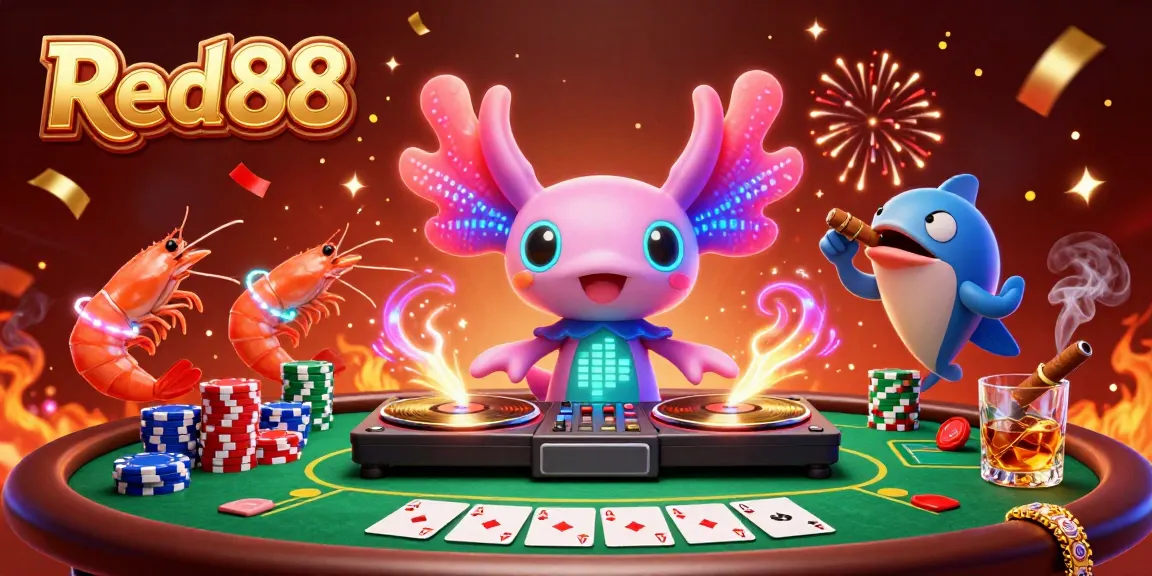 Engage with Red88's vibrant casino environment featuring an axolotl DJ and lively shrimp dancers.