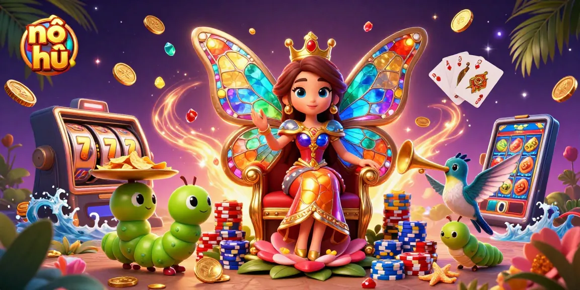 Experience nổ hũ excitement with a vibrant 3D illustration of a butterfly queen amidst golden coins and slot reels.