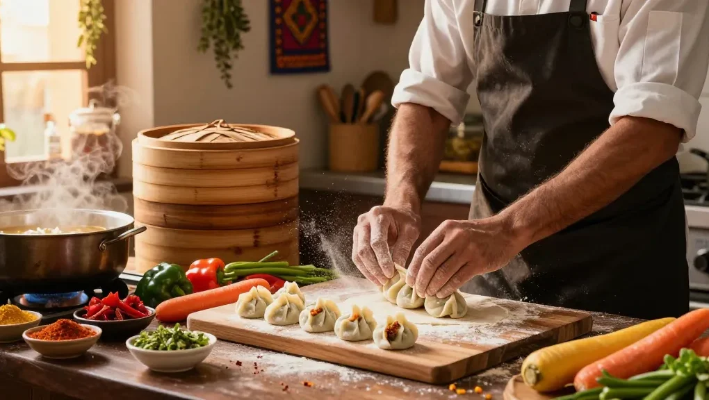 rokok88 chef making momo dumplings with fresh ingredients in a vibrant kitchen