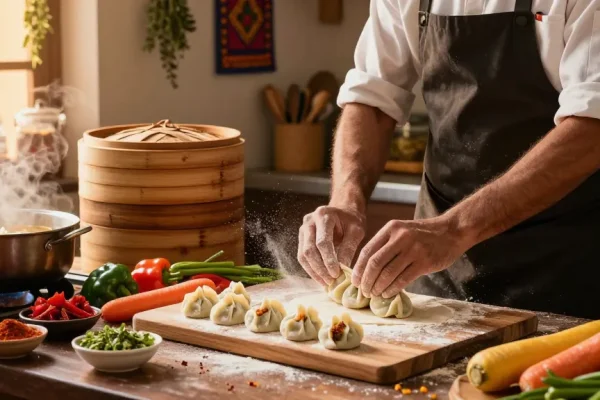 rokok88 chef making momo dumplings with fresh ingredients in a vibrant kitchen