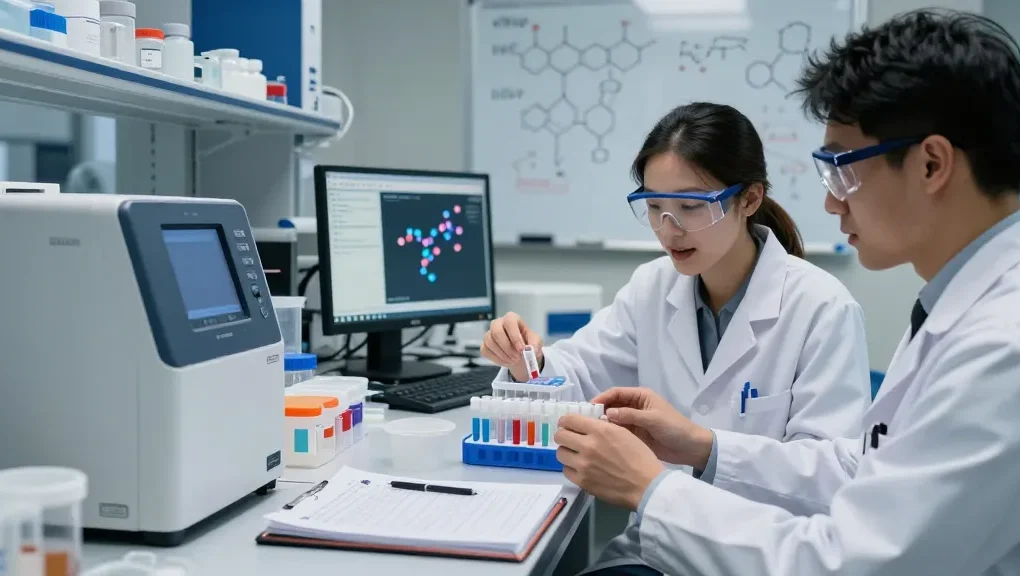 Scientist analyzing multi-vial peptide kits in a research laboratory with advanced equipment.
