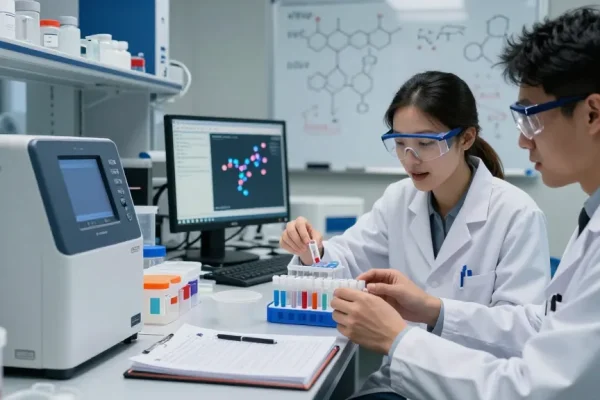 Scientist analyzing multi-vial peptide kits in a research laboratory with advanced equipment.