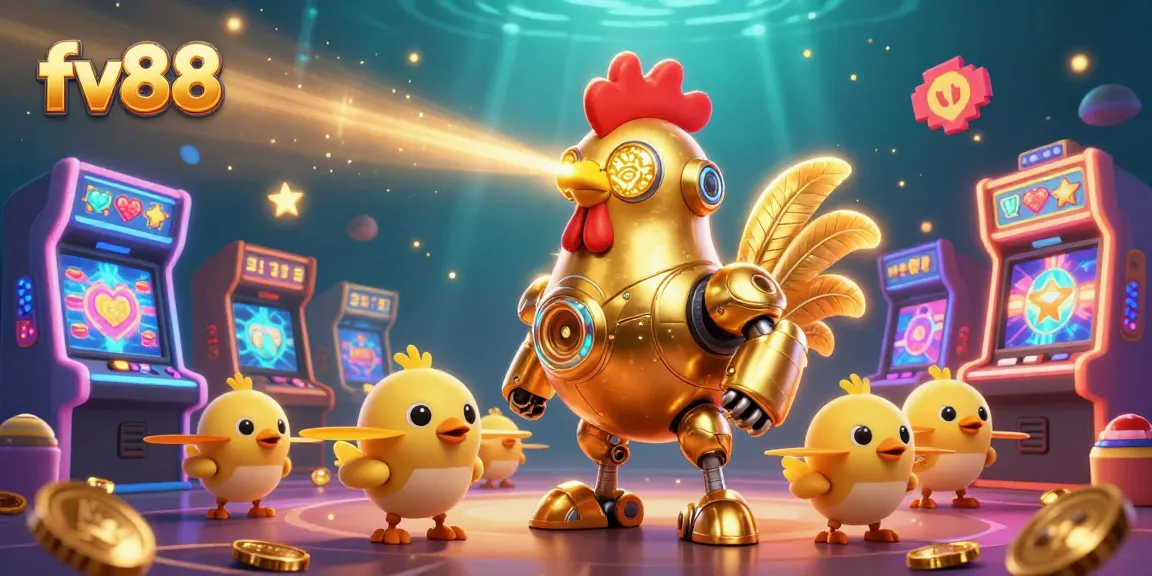 Experience exciting gameplay at fv88 featuring a dynamic scene with a golden rooster robot and casino elements.