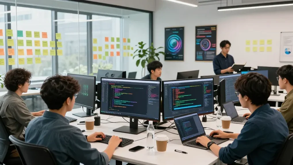 Developers collaborating on the NAGA2000 software in an energetic tech office.