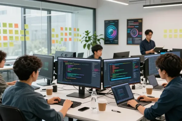 Developers collaborating on the NAGA2000 software in an energetic tech office.