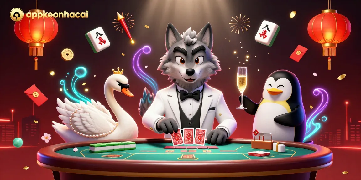 Engage with appkeonhacai as the debonair wolf plays baccarat, surrounded by vibrant casino elements.